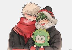 Rule 34 | 2boys, animal, animalization, bakugou katsuki, black coat, black headwear, blonde hair, blush, boku no hero academia, breath, closed eyes, clothed animal, coat, commentary request, freckles, fur-trimmed coat, fur-trimmed headwear, fur trim, gaagyeo, green eyes, green hair, hat, highres, holding, holding animal, korean commentary, male focus, midoriya izuku, multiple boys, open mouth, red eyes, red scarf, scarf, sheep, short hair, simple background, smile, spiked hair, upper body, white background, winter clothes