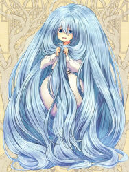 Rule 34 | 1girl, :d, absurdly long hair, blue eyes, blue hair, dairoku ryouhei, dress, full body, gome (tw6), hair between eyes, holding, holding own hair, isokaze aoi, long hair, long sleeves, looking at viewer, open mouth, smile, solo, very long hair, white dress