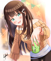 Rule 34 | 10s, 1girl, :d, arm support, black hair, blunt bangs, blush, bracelet, can, cowboy shot, glint, green eyes, hair ornament, hairclip, head tilt, highres, holding, holding can, jewelry, kurosawa dia, long hair, looking at viewer, love live!, love live! school idol festival, love live! sunshine!!, mole, mole under mouth, necklace, off-shoulder, off-shoulder sweater, off shoulder, open mouth, pendant, ribbed sweater, shaka (staito0515), smile, solo, standing, sweater