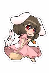 Rule 34 | 1girl, animal ears, barefoot, blush, brown hair, rabbit, carrot, chibi, dress, full body, holding, inaba tewi, jewelry, kine, looking at viewer, mallet, open mouth, outline, pendant, pink dress, puffy short sleeves, puffy sleeves, rabbit ears, rabbit girl, rabbit tail, red eyes, ribbon-trimmed clothes, ribbon trim, short sleeves, shou moeboshi, solo, tail, touhou