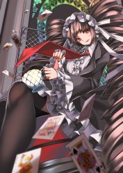 Rule 34 | 10s, 1girl, absurdly long hair, absurdres, black nails, black thighhighs, blunt bangs, brown hair, card, celestia ludenberg, collar, cup, danganronpa: trigger happy havoc, danganronpa (series), drill hair, fance, fence, formal, frilled sleeves, frills, gothic lolita, head tilt, highres, holding, holding cup, indoors, jacket, lolita fashion, long hair, looking at viewer, maid headdress, nail polish, necktie, open clothes, open jacket, red eyes, red necktie, ribbon, sitting, slumcat, solo, suit, thighhighs, twin drills, very long hair, white ribbon, wide sleeves, window