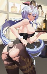 Rule 34 | 1girl, absurdres, ahoge, animal ears, ass, back, bare shoulders, black leotard, blue hair, breasts, brown pantyhose, cowboy shot, fake animal ears, fake tail, from behind, ganyu (genshin impact), genshin impact, goat horns, highres, holding, horns, large breasts, leaning forward, leotard, long hair, looking at viewer, looking back, low ponytail, natu (natu sod), open mouth, pantyhose, playboy bunny, purple eyes, rabbit ears, rabbit tail, skindentation, solo, standing, strapless, strapless leotard, tail, thighlet, thighs, torn clothes, torn pantyhose, tray, very long hair, wrist cuffs