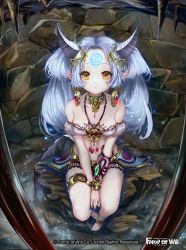 Rule 34 | 1girl, bare shoulders, barefoot, blue hair, bracelet, breasts, cleavage, copyright name, earrings, facial mark, feathers, force of will, forehead mark, hair ornament, horns, jewelry, long hair, medium breasts, midriff, navel, necklace, official art, pisuke, pointy ears, rock, sitting, solo, sparkle, twintails, yellow eyes