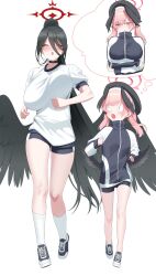 Rule 34 | 2girls, absurdres, black hair, black shorts, black wings, blue archive, blush, breast envy, breasts, fang, feathered wings, gym uniform, hair wings, halo, hasumi (blue archive), hasumi (track) (blue archive), heavy breathing, highres, imagining, koharu (blue archive), large breasts, leavv, long hair, looking at another, mole, mole under eye, multiple girls, pink hair, ponytail, running, shoes, shorts, simple background, skin fang, small breasts, sneakers, very long hair, white background, wings