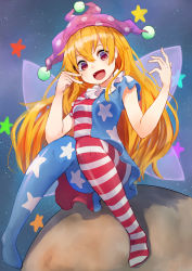 Rule 34 | 1girl, :d, american flag dress, american flag legwear, bad id, bad pixiv id, bare arms, blonde hair, clownpiece, fairy wings, fang, gradient background, hat, highres, jester cap, knees together feet apart, long hair, looking at viewer, open mouth, pantyhose, pyonsuke (pyon2 mfg), red eyes, sitting, smile, solo, touhou, very long hair, wings