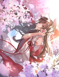 Rule 34 | 1girl, bow, brown hair, cherry blossoms, detached sleeves, dress, falling petals, flower, frilled bow, frilled hair tubes, frills, hair bow, hair tubes, hakurei reimu, hand up, highres, long hair, nontraditional miko, petals, pink flower, red bow, red dress, red eyes, red ribbon, red shirt, red skirt, red vest, ribbon, ribbon-trimmed sleeves, ribbon trim, sarashi, shirt, skirt, sleeveless, sleeveless dress, sleeveless shirt, solo, touhou, vest, white sleeves, wide sleeves, yomogi 9392