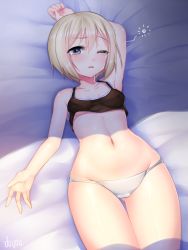 Rule 34 | 1girl, bed, blonde hair, blue eyes, blush, breasts, doyouwantto, erica hartmann, groin, navel, panties, small breasts, solo, strike witches, underwear, white panties, wink, world witches series