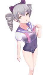 Rule 34 | 1girl, :o, absurdres, animal ears, blue one-piece swimsuit, bronya zaychik, cat ears, drill hair, fake animal ears, grey eyes, grey hair, headband, highres, honkai (series), honkai impact 3rd, looking at viewer, one-piece swimsuit, sailor collar, school swimsuit, see-through, see-through shirt, short sleeves, simple background, solo, swimsuit, tiankong pie ai, twin drills, white background