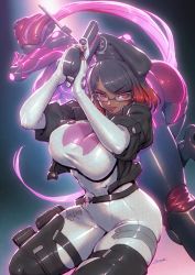 Rule 34 | 2girls, ass, black-framed eyewear, black hair, bodysuit, breasts, commission, covered navel, cropped jacket, dark-skinned female, dark skin, fingerless gloves, glasses, gloves, gradient background, gun, hat, helmet, highres, holding, holding gun, holding weapon, jacket, kionaoki, large breasts, long hair, looking at viewer, making-of available, multicolored hair, multiple girls, open clothes, open jacket, original, parted bangs, pink hair, red eyes, semi-rimless eyewear, short hair, short sleeves, signature, skeb commission, skin tight, thighhighs, two-tone hair, under-rim eyewear, very long hair, weapon