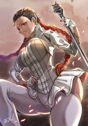Rule 34 | 1girl, animification, apex legends, artist name, ass, braid, breasts, brown hair, commission, corset, dark-skinned female, dark skin, eyeshadow, fingerless gloves, floating hair, gloves, gradient hair, hand on own hip, highres, holding, holding staff, huleito, large breasts, leggings, loba (apex legends), long hair, looking at viewer, makeup, multicolored hair, nail polish, orange hair, parted lips, red eyeshadow, red nails, skeb commission, skirt, smile, solo, staff, twin braids, white gloves, white leggings, white skirt, wide hips