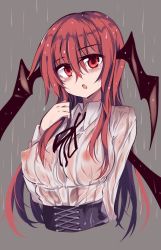 Rule 34 | 1girl, :o, blush, breasts, corset, covered erect nipples, cross-laced clothes, dress shirt, grey background, head wings, jpeg artifacts, koakuma, long hair, looking at viewer, maturiuta sorato, nipples, no bra, red eyes, red hair, see-through, shirt, simple background, solo, touhou, upper body, very long hair, wet, wet clothes, wet hair, wings
