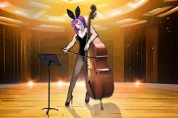 Rule 34 | 1girl, absurdres, auditorium, black leotard, bow (music), double bass, emma bessho, high heels, highres, instrument, leotard, music stand, pantyhose, playboy bunny, purple hair, rabbit ears, standing, strapless, strapless leotard, yu-gi-oh!, yu-gi-oh! vrains