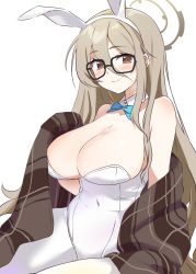 Rule 34 | 1girl, absurdres, akane (blue archive), akane (bunny) (blue archive), animal ears, blue archive, blue bow, blue bowtie, blush, bow, bowtie, breasts, brown eyes, brown scarf, cleavage, detached collar, glasses, halo, highres, large breasts, leotard, light brown hair, long hair, looking at viewer, pantyhose, plaid, plaid scarf, playboy bunny, rabbit ears, sasabe opika, scarf, smile, solo, white leotard, white pantyhose