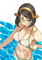 Rule 34 | absurdres, alternate costume, bare shoulders, bikini, bikini pull, black hair, breasts, burai yuuki, cleavage, clothes pull, from above, glasses, green-framed eyewear, headgear, highres, kantai collection, kirishima (kancolle), large breasts, looking to the side, midriff, navel, partially submerged, pulled by self, semi-rimless eyewear, short hair, smile, solo, swimsuit, white bikini