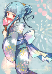 Rule 34 | 1girl, absurdres, blue background, blue hair, blue kimono, blush, braid, check commentary, commentary request, covering own mouth, cowboy shot, crown braid, fireworks, hair ornament, hair up, hand fan, highres, holding, holding fan, japanese clothes, kimono, kotonoha aoi, long hair, long sleeves, looking at viewer, oyasumi makura, paper fan, print kimono, red eyes, solo, uchiwa, voiceroid, wide sleeves