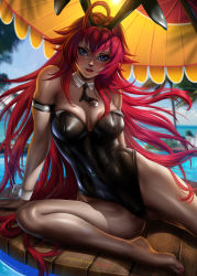Rule 34 | 1girl, ahoge, animal ears, ayya sap, bare shoulders, barefoot, blue eyes, blush, breasts, rabbit ears, playboy bunny, fake animal ears, high school dxd, large breasts, legs, long hair, looking at viewer, nail polish, parted lips, patreon, patreon username, red hair, rias gremory, sitting, sky, solo, very long hair, water, watermark, web address, wrist cuffs