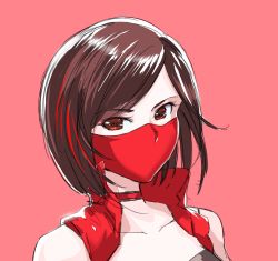 Rule 34 | 1girl, bare shoulders, bra, brown eyes, brown hair, collar, collarbone, commentary, coronavirus pandemic, english commentary, highres, jacket, looking at viewer, mask, mayo riyo, meiko (vocaloid), mouth mask, portrait, red background, red collar, red jacket, short hair, solo, underwear, vocaloid