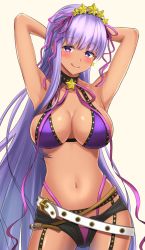 Rule 34 | 1girl, :q, absurdres, armpits, arms behind head, arms up, bad id, bad pixiv id, bb (fate), bb (fate) (all), bb (swimsuit mooncancer) (fate), bb (swimsuit mooncancer) (second ascension) (fate), belt, belt buckle, bikini, black choker, black garter belt, black shorts, blush, breasts, buckle, choker, cleavage, closed mouth, collarbone, commentary request, contrapposto, cowboy shot, dark-skinned female, dark skin, earrings, fate/grand order, fate (series), furan (pixiv20237436), garter belt, gyaru, hair ornament, hair ribbon, head tilt, highres, jewelry, large breasts, long hair, micro shorts, mismatched bikini, navel, open clothes, open fly, open shorts, pink background, pink bikini, pink ribbon, purple bikini, purple eyes, purple hair, ribbon, short shorts, shorts, simple background, single sidelock, skindentation, smile, solo, star (symbol), star earrings, star hair ornament, swimsuit, thong, tongue, tongue out, very long hair
