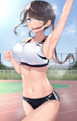 Rule 34 | 1girl, absurdres, arm up, armpits, blue eyes, blue sky, blush, bouncing breasts, breasts, brown hair, buruma, crop top, day, floating hair, highres, kaku yone, large breasts, long hair, navel, open mouth, original, outdoors, ponytail, running, sidelocks, sky, solo, sports bra, stomach, sweat, thighs, track and field, track uniform