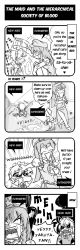 Rule 34 | 4koma, aduman, angry, braid, bucket, bullying, child, comic, embodiment of scarlet devil, female focus, ganmen2525, greyscale, hard-translated, hat, highres, hong meiling, izayoi sakuya, knife, long hair, monochrome, non-web source, tears, third-party edit, throwing knife, touhou, translated, troll face, twin braids, weapon
