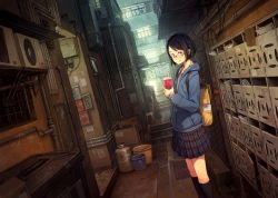 Rule 34 | 1girl, air conditioner, alley, backpack, bag, black eyes, black hair, black socks, blush, bucket, cup, day, doorway, dutch angle, gas tank, glasses, hair ornament, hairclip, holding, holding cup, hood, hood down, hooded jacket, jacket, looking at viewer, mailbox (incoming mail), original, pleated skirt, short hair, skirt, smile, socks, solo, standing, window, yoshida seiji