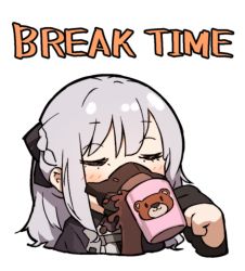 Rule 34 | 1girl, ak-12 (girls&#039; frontline), amonitto, black gloves, blush, chibi, cropped shoulders, cup, english text, closed eyes, gas mask, girls&#039; frontline, gloves, holding, holding cup, long hair, mask, partially fingerless gloves, silver hair, simple background, solo, spilling, white background