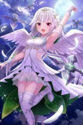 Rule 34 | 1girl, alternative girls, angel wings, armpits, breasts, cleavage, dress, feathers, full moon, hair ornament, highres, long hair, looking at viewer, moon, official art, open mouth, red eyes, shuriken, smile, solo, usui miyuki, weapon, white dress, white feathers, white footwear, white hair, white legwear, wings