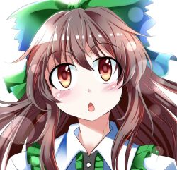 Rule 34 | 1girl, blush, bow, brown hair, chestnut mouth, commentary, e.o., hair bow, lens flare, long hair, looking at viewer, open mouth, portrait, reiuji utsuho, solo, touhou, upper body