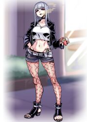 Rule 34 | 1girl, absurdres, black nails, breasts, cigarette, cigarette pack, collar, commission, earrings, eyeliner, fishnet pantyhose, fishnets, full body, ga320aaa, grey eyes, grey hair, hand on own hip, highres, jacket, jewelry, large breasts, long hair, looking at viewer, makeup, midriff, mole, mole under mouth, nail polish, navel, navel piercing, original, pantyhose, piercing, pixiv commission, shorts, smoking, solo, tattoo, toeless footwear, toenail polish, toenails, variant set