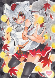 Rule 34 | 1girl, animal ears, autumn leaves, bare shoulders, black legwear, blush, breasts, detached sleeves, hat, highres, inubashiri momiji, large breasts, leaf, looking at viewer, maccha xxxxxx, marker (medium), midriff, navel, open mouth, pom pom (clothes), red eyes, ribbon-trimmed sleeves, ribbon trim, short hair, sideboob, silver hair, skirt, solo, tail, tokin hat, touhou, traditional media, wolf ears, wolf tail