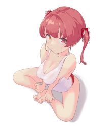 Rule 34 | 1girl, alternate costume, bare legs, barefoot, blush, breasts, breasts squeezed together, cleavage, closed mouth, collarbone, from above, hair ribbon, hasamatsuta, heterochromia, highres, hololive, houshou marine, knees apart feet together, large breasts, leaning forward, looking at viewer, no pants, orange eyes, panties, red eyes, red hair, red panties, red ribbon, ribbon, shiny skin, sitting, solo, tank top, toes, twintails, underwear, virtual youtuber, white tank top