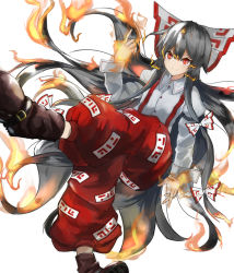 Rule 34 | 1girl, baggy pants, bow, buttons, collared shirt, fire, floating, fujiwara no mokou, hair bow, highres, long hair, long sleeves, ofuda, pants, psyren2, red eyes, red footwear, red pants, shirt, shoes, sidelocks, silver hair, simple background, smile, solo, suspenders, touhou, very long hair, white background, white bow, white shirt