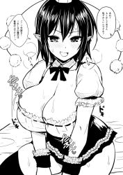 Rule 34 | 1girl, alternative facts in eastern utopia, blush, breasts, cleavage, commentary request, diisuke, greyscale, hair between eyes, hat, large breasts, looking at viewer, monochrome, pointy ears, pom pom (clothes), shameimaru aya, solo, sweat, tokin hat, touhou, translation request