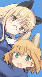 Rule 34 | 2girls, amelie planchard, animal ears, ascot, blonde hair, cat ears, glasses, green eyes, long hair, lowres, military, military uniform, multiple girls, open mouth, orange hair, perrine h. clostermann, rabbit ears, rabbit girl, shimada fumikane, short hair, smile, strike witches, strike witches: katayoku no majo-tachi, uniform, world witches series, yellow eyes