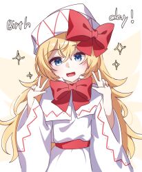 Rule 34 | 1girl, ametama (runarunaruta5656), blonde hair, blue eyes, capelet, dress, fairy, fairy wings, hair between eyes, hat, highres, lily white, long hair, long sleeves, looking at viewer, open mouth, simple background, smile, solo, touhou, white background, white capelet, white dress, white hat, wide sleeves, wings