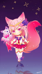 Rule 34 | 1girl, ahri (league of legends), alternate costume, alternate eye color, alternate hair color, animal ears, boots, chibi, detached sleeves, fox ears, fox tail, hair ornament, hairband, highres, league of legends, long hair, looking at viewer, magical girl, skirt, star guardian (league of legends), star guardian ahri, tail, thigh boots, thighhighs, white thighhighs