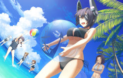 Rule 34 | 10s, 6+girls, :d, akatsuki (kancolle), alternate costume, anchor symbol, ball, beachball, bikini, breast hold, breast press, breasts, brown eyes, brown hair, cleavage, cleavage cutout, clothing cutout, cloud, cloudy sky, day, eyepatch, folded ponytail, from behind, halo, halterneck, hibiki (kancolle), highres, ikazuchi (kancolle), inazuma (kancolle), kantai collection, large breasts, light smile, long hair, looking at another, looking at viewer, looking up, mechanical halo, midriff, multiple girls, ocean, one-piece swimsuit, one eye closed, open mouth, outdoors, palm leaf, palm tree, parted bangs, ponytail, purple eyes, purple hair, sakais3211, school swimsuit, short hair, side-tie bikini bottom, silver hair, sky, small breasts, smile, standing, standing on liquid, stomach, swimsuit, tatsuta (kancolle), tenryuu (kancolle), thighs, tree, white bikini, yellow eyes