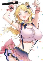 Rule 34 | 1girl, ame (uten cancel), arms up, blonde hair, breasts, button gap, confetti, cropped shirt, crown, floating hair, hachimiya meguru, highres, holding, holding microphone, idolmaster, idolmaster shiny colors, large breasts, looking at viewer, microphone, mini crown, navel, revision, shirt, simple background, skirt, sleeveless, sleeveless shirt, solo, suspender skirt, suspenders, tilted headwear, twintails, white background, wrist cuffs