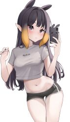 Rule 34 | 1girl, absurdres, alternate costume, black shorts, blush, breasts, casual, cellphone, cowboy shot, crop top, dolphin shorts, extra ears, gradient hair, grey shirt, hands up, highres, hololive, hololive english, long hair, looking at viewer, medium breasts, midriff, mole, mole under eye, multicolored hair, navel, ninomae ina&#039;nis, orange hair, phone, pointy ears, purple eyes, purple hair, purple nails, scarlet (wv0102), selfie, shirt, short shorts, short sleeves, shorts, simple background, smartphone, solo, takodachi (ninomae ina&#039;nis), tentacle hair, thigh gap, thighs, virtual youtuber, white background