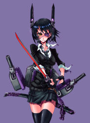 Rule 34 | 10s, 1girl, bad id, bad pixiv id, black gloves, black hair, black thighhighs, blush, breasts, eyepatch, fingerless gloves, gloves, headgear, holding, holding sword, holding weapon, kantai collection, katana, looking at viewer, nayutarou (nyt kag), necktie, purple background, sheath, short hair, skirt, smile, solo, sword, tenryuu (kancolle), thighhighs, unsheathed, weapon, yellow eyes