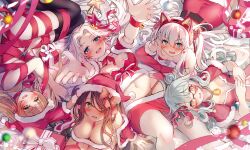 Rule 34 | 5girls, :d, absurdres, alternate costume, animal ears, aqua hair, arms up, ass, azur lane, bare shoulders, bed sheet, between breasts, black hair, black thighhighs, blonde hair, blue eyes, blush, box, breasts, bridal gauntlets, cat ears, cat hair ornament, chinese commentary, choker, christmas, cleavage, clothes pull, collarbone, commentary, commentary request, crop top, dark-skinned female, dark skin, english commentary, fake animal ears, fur-trimmed shirt, fur trim, garter straps, gift, gift box, glasses, green eyes, green hair, groin, hair between eyes, hair bun, hair ornament, hair over one eye, hair ribbon, hair spread out, hairband, hammann (azur lane), hammann ii (azur lane), hat, heart, heart-shaped pupils, heaven&#039;s melody, highres, hornet (azur lane), hornet ii (azur lane), langley (azur lane), langley ii (azur lane), large breasts, long hair, long sleeves, looking at viewer, lying, midriff, mixed-language commentary, multicolored hair, multiple girls, naked ribbon, navel, northampton (azur lane), northampton ii (azur lane), off shoulder, on back, on side, on stomach, open mouth, panties, panty peek, parted bangs, reaching, reaching towards viewer, red hairband, red headwear, red panties, red ribbon, red shirt, red skirt, red thighhighs, ribbon, ribbon choker, santa costume, santa hat, shadow, shirt, sidelocks, single hair bun, single side bun, sitting, skirt, skirt pull, small breasts, smile, star (symbol), stomach, strap between breasts, symbol-shaped pupils, thighhighs, twintails, two-tone hair, two side up, underwear, very long hair, white hair, wrist ribbon, yellow eyes, yorktown (azur lane), yorktown ii (azur lane)