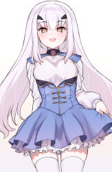 Rule 34 | 1girl, akitokage, blue dress, blush, breasts, brown eyes, dress, melusine (fate), melusine (second ascension) (fate), fate/grand order, fate (series), forked eyebrows, hair between eyes, hair ornament, highres, long hair, long sleeves, looking at viewer, open mouth, sidelocks, skirt, small breasts, smile, solo, thighhighs, thighs, white hair, white thighhighs, yellow eyes