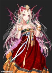 Rule 34 | 1girl, blonde hair, copyright name, demon wings, elf, flower, hair flower, hair ornament, hat, japanese clothes, jewelry, multiple wings, official art, pointy ears, red eyes, sid story, sila (carpen), solo, wings