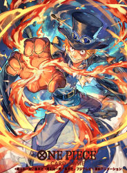 Rule 34 | 1boy, ascot, black eyes, black hat, blonde hair, brown gloves, commentary, commentary request, english commentary, english text, fire, gloves, goggles, goggles on headwear, hat, highres, holding, holding weapon, lead pipe, male focus, mixed-language commentary, official art, one piece, one piece card game, sabo (one piece), scar, scar across eye, scar on face, short hair, smile, solo, tapioka chaso, teeth, top hat, translation request, weapon, white ascot
