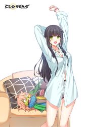 Rule 34 | 1girl, :d, arms up, black hair, bracelet, breast pocket, breasts, cleavage, closers, collared shirt, couch, doll, green eyes, highres, jewelry, large breasts, long hair, long sleeves, looking at viewer, necklace, official art, open mouth, partially unbuttoned, pillow, pink shorts, pocket, shirt, shorts, smile, solo, soma (closers), thighs, white shirt