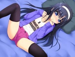 Rule 34 | 1girl, black hair, black legwear, blue eyes, child, closed mouth, collarbone, dutch angle, embarrassed, female focus, game cg, hairband, highres, inagaki sae, jacket, jewelry, long hair, long sleeves, lying, necklace, nonohara miki, on back, pillow, shirt, shorts, shoujo kyouiku, sleeves past wrists, solo, spread legs