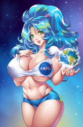 Rule 34 | 1girl, absurdres, big hair, blue eyes, blue hair, blue shorts, brand name imitation, breasts, cleavage, cowboy shot, crop top, curvy, earth-chan, earth (planet), eyes visible through hair, facing viewer, green eyes, green hair, hand on own chest, head tilt, high ponytail, highres, lenadai, light smile, long hair, looking at viewer, midriff, multicolored hair, nail polish, nasa, nasa logo, navel, no bra, panty straps, parted bangs, parted lips, personification, planet, shirt, short shorts, short sleeves, shorts, skindentation, solo, space, standing, star (sky), truth, underboob, whale tail (clothing), white shirt