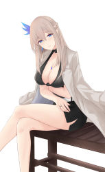 Rule 34 | 1girl, absurdres, belt, black shirt, black skirt, blue eyes, braid, breasts, coat, coat on shoulders, earrings, feather hair ornament, french braid, highres, hiroshi (2443303124), jewelry, large breasts, crossed legs, lexington (warship girls r), long hair, long sleeves, looking at viewer, miniskirt, necklace, open clothes, open coat, pencil skirt, platinum blonde hair, ring, shirt, sitting, skirt, solo, very long hair, warship girls r, wedding band, white belt, white coat