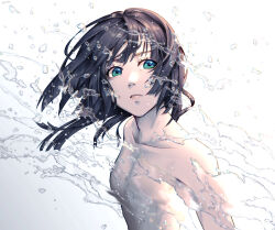 Rule 34 | 1girl, arm at side, black hair, closed mouth, collarbone, completely nude, eyelashes, flat chest, green eyes, highres, long hair, looking at viewer, no nipples, nude, original, solo, tatsunaka (tx3), upper body, water, water drop, white background