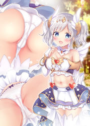 Rule 34 | 1girl, akari (princess connect!), angel wings, ass, bare shoulders, blue eyes, blush, breasts, cleavage, cleft of venus, detached sleeves, from behind, from below, headgear, looking at viewer, magical girl, medium breasts, miniskirt, multiple views, open mouth, panties, princess connect!, rikatan, shiny skin, short hair, silver hair, skirt, smile, thighhighs, underwear, upskirt, wings